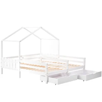 Produktbild von Kinderbett mit 2 Schlafgelegenheiten, Schubladen und Lattenrost, 90x200 cm, (2-St), Hausbett mit Rausfallschutz, Holzbett aus Kiefer, Jugendbett