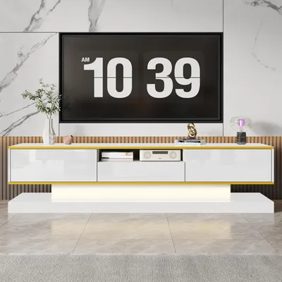 Immagine prodotto di Mobile TV Merax con 3 cassetti e vano a giorno, lavagna da soggiorno con luce LED, frontale lucido, 180 x 38 x 45 cm, bianco