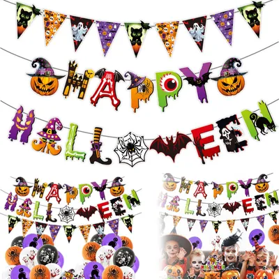 Halloween-Deko Wimpelkette 3er-Set mit Happy Halloween Schriftzug