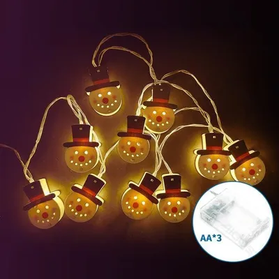 LED-Lichterkette 3 m, Schneemann aus Holz, warmweiß, batteriebetrieben