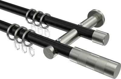 Produktbild von Interdeco Gardinenstange / Vorhangstange Schwarz / Edelstahl-Optik, Typ Platon Mavell (Zylinder Bicolor), 20 mm Ø 2-läufig, 140 cm