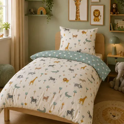 Produktbild von Safari Bettwäsche 135x200 80x80 cm 2-teiliges Set Motiv "Afrika Tiere Löwe Elefant Giraffe Zebra" aus 100% Baumwolle mit Reißverschluss
