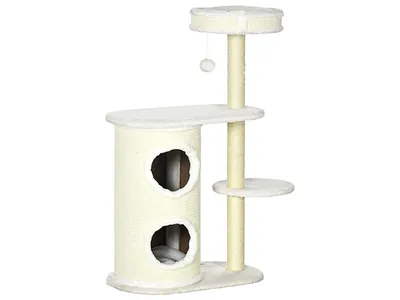 A cream-colored cat tree with multiple levels, scratching posts, and a dangling toy, presented on a white background.