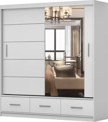 A white sliding door wardrobe with a mirrored door, reflecting a bedroom interior. The wardrobe has three drawers at the bottom.