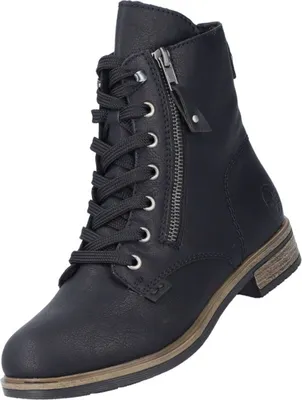 A black lace-up boot with a side zipper.