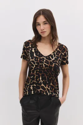 Produktbild von T-Shirt mit V-Ausschnitt und Muster, Leopard, XS