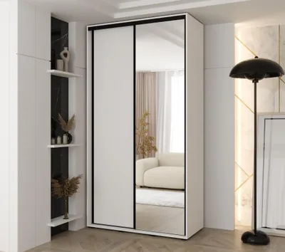 Zdjęcie produktu dla MINIO go for it, szafa VADO, 140 x 235,2 x 60 cm, 2 drzwi przesuwne (1 z lustrem), 6 półek, 2 metalowe drążki, biało-czarna matowa