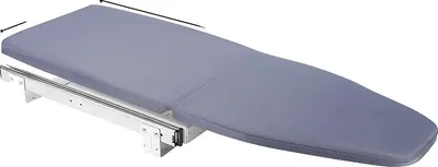A gray ironing board with a white metal frame, shown from a diagonal angle.