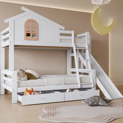 Produktbild von STILVORA 90/120x200 Etagenbett mit Rutsche und vierstufiger Kipptreppe,Jugendbett mit Fenstern und 2 Schubladen,Doppelbett mit mit Holzrahmen,ohne Matratze,Weiß