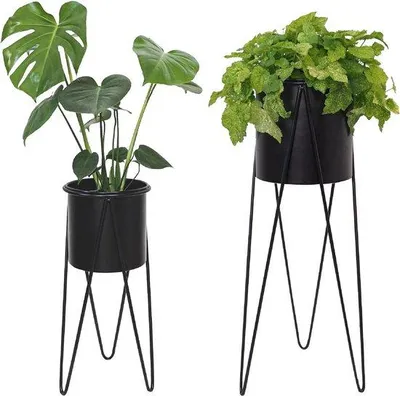 Obrázek produktu pro Sada 2 stojanů na květiny, kovové, černé, květináč na stojanu, kulaté, výška 705 a 48 cm, včetně květináče