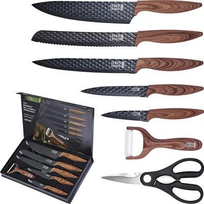 Produktbild von LEBENLANG Küchen Zubehör Messerset 7 teilig mit Schäler & Küchenschere - scharfes Küchenmesser Set - scharfe Messer Set Schere Küche Wohnungs Zubehör – Koch Küchenzubehör schwarz Schneidemesser scharf