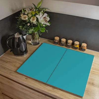 Produktbild von banjado Herdabdeckplatte zweiteilig je 30x52cm groß mit Gummi Abstandshalter, ESG Sicherheitsglas mit Motiv Türkis [HAP2-0018]