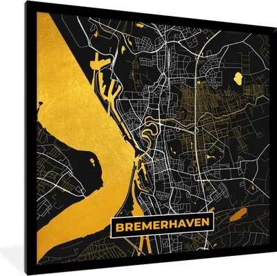 Produktbild von MuchoWow® Gerahmtes Poster Bremerhaven - Karte - Gold - Deutschland - Stadtplan 40x40 cm - Poster mit Schwarzem Bilderrahmen Wandposter Rahmen Foto Bilder - Mit Rahmen - Wanddekoration Schlafzimmer
