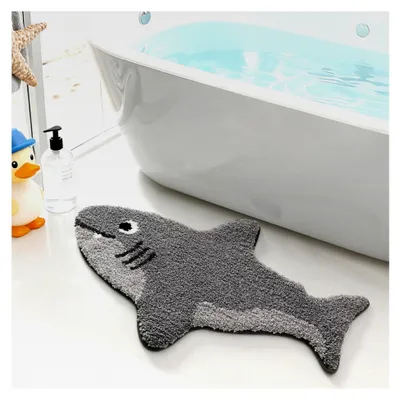 Produktbild von Badezimmerteppiche mit Tiermotiv, rutschfester Unterseite, waschbar, Haifischform, saugfähiger Badteppich für Badezimmer, ideale Bodenmatte für Dusche, Waschbecken und Badewanne