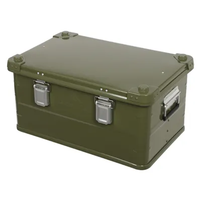 A green aluminum storage box with silver latches and handles, shown from a slightly elevated front-left angle against a white background.