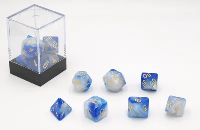 Immagine prodotto di Set di dadi HOT Games blu e bianco, 7 pezzi, in plastica