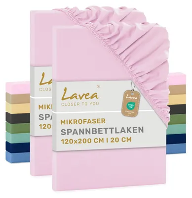 Produktbild von Lavea® Spannbettlaken 120x200 cm aus Mikrofaser, Bettlaken mit Rundumgummi, für Matratzen bis 20 cm, atmungsaktiv und kühlend, pflegeleicht, Spannbetttücher, 2er Set, Rosa