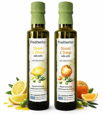Produktbild von Fruchtwerker Olivenöl + Zitrone 250ml und Olivenöl + Orange 250ml Set