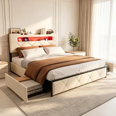 Productafbeelding van Bed 140 x 190 cm met LED-verlichting en USB-poorten, bekleed tweepersoonsbed met 4 lades, bekleed bed met veel opbergruimte, bedframe, eenpersoonsbed, beige
