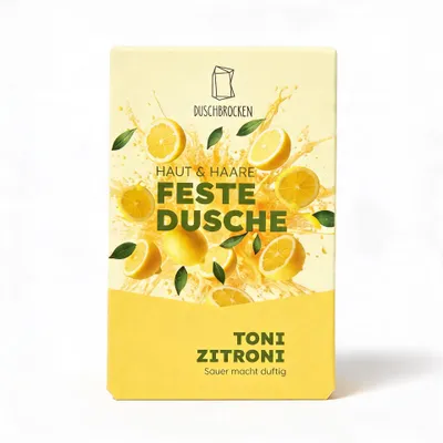 Produktbild von Duschseife Toni Zitroni mit Zitronenduft, plastikfrei, pflegt Haut & Haare, schäumt intensiv