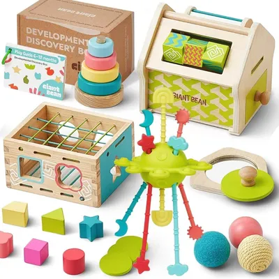 Produktbild von Montessori Spielzeug ab 6-12 Monate, 5 in 1 Montessori Spielzeug, Stapelturm | Sensorisches Beißspielzeug | Spiegelpuzzle | Objektpermanenzbox