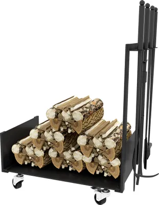Produktbild von Feuerholzgestell mit Rädern und Zubehör, Metallrahmen für bis 60 kg, 48x30x76 cm, Schwarz – Praktischer Holzhalter für Kamin