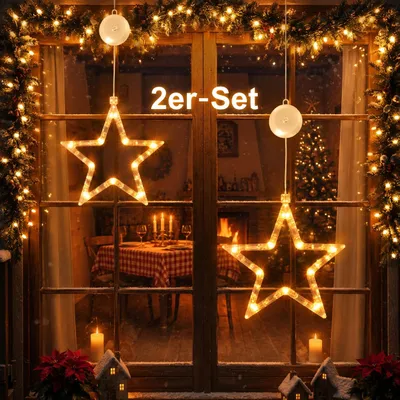 Produktbild von 2 Stück  LED Sterne Weihnachtsbeleuchtung, 3600K Warmweiß Batteriebetriebene mit Saugnäpfe, Timer, Fenster Lichterkette Innen für Fenster & Weihnachte
