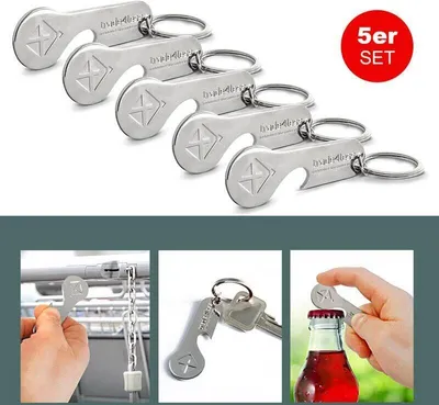 Zdjęcie produktu dla Zestaw 5 breloczków EAXUS® 2 w 1: klucz do wózka sklepowego z otwieraczem do butelek ze stali nierdzewnej, nierdzewny żeton do wózka sklepowego – żeton na zakupy