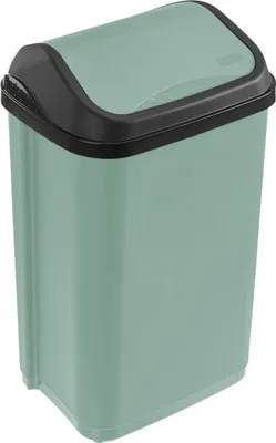 A green trash can with a black lid.