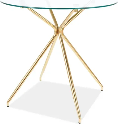 A round glass-top dining table with a golden metal base.