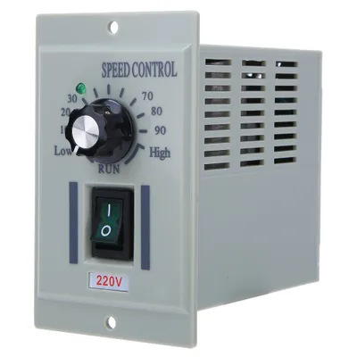 A close-up studio shot of a gray speed control device.