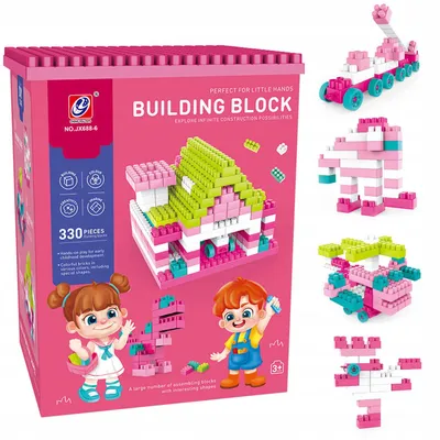 Productafbeelding van Bouwdoos met 330 onderdelen in een roze koffer – pastelkleurige blokken met een basis voor het bouwen, stickers en een handleiding voor kinderen