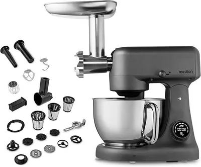 Produktbild von Küchenmaschine (Fleischwolf, 4,6 Liter Edelstahlschüssel, leiser Gleichstrommotor, 800 Watt, Reiben Raspeln Schneiden, Digitales Sensor Touch Display, Knetmaschine, Teigmaschine, MD12600) titan