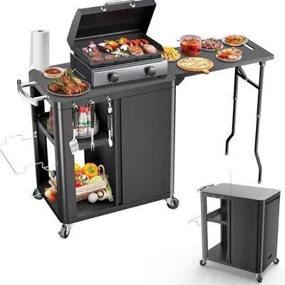 Immagine prodotto di Carrello per barbecue, tavolo da barbecue con tavolino pieghevole, cucina da esterno con ganci, ripiano portaoggetti e armadietto, carrello di servizio con ruote, cucina esterna, dimensioni 143 x 37 x 89 cm