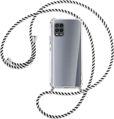 Produktbild von Handykette Backcover-Schutzhülle mit Band (Metall silberfarben) für Xiaomi Mi 10 Lite 5G (Zoom) - schwarz/weiß gestreift
