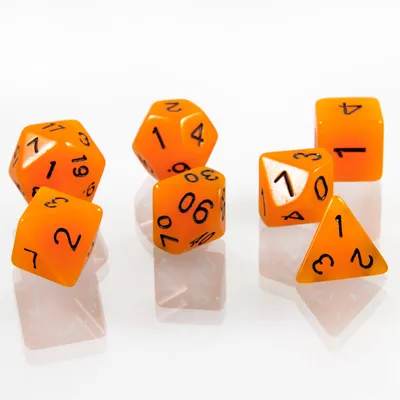 Produktbild von 7 polyedrische leuchtende Würfel für Rollen- und Tabletopspiele in orange mit Beutel
