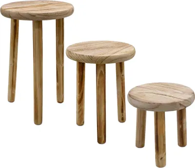 Produktbild von Holz Blumenhocker mit 3 Beinen geflammt 3er Set - 20 / 23 / 25 cm - Massivholz Deko Hocker rund klein im Used Look