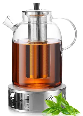 Zdjęcie produktu dla Czajnik szklany z podgrzewaczem, 1,8L, podgrzewacz ze stali nierdzewnej, do herbaty liściastej i torebek