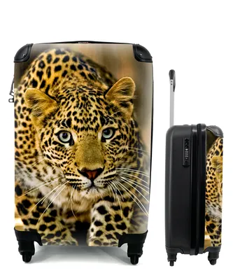 Produktbild von MuchoWow® Koffer Handgepäck Trolley Rollkoffer Kleine Reisekoffer mit 4 Rollen - Leopard - Raubtier - Porträt - Cabin Size < 55x40x23 cm & 55x40x20 cm - Fotokoffer - Kabinenkoffer - Boardgepäck - Reise-Box - Reisekoffer - Reisegepäck - Koffer mit Bild - Trolley für Kinder