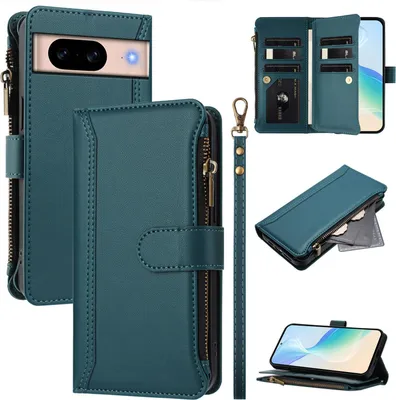 Image de Étui pour Google Pixel 8A, zippé, étui portefeuille en cuirPolyuréthaneà rabat avec poches pour cartes, support et boucle pour les mains vert