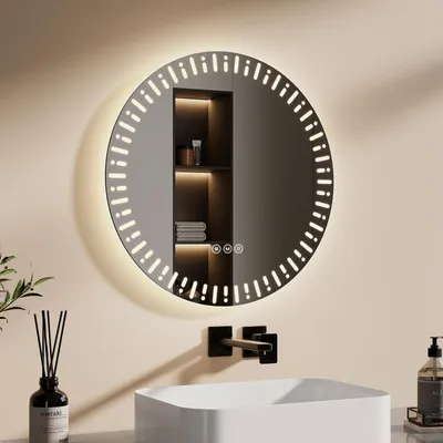 Image de EMKE Miroir de salle de bain avec éclairage LED Miroir 50 cm avec antibuée, variateur 3 couleurs de lumière Miroir de salle de bain mural avec interrupteur tactile