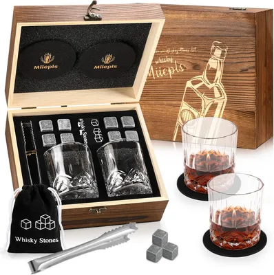 Image de Ensemble de verres à whisky - Pierres à whisky - Coffret cadeau - 8 pierres à whisky - 2 verres à whisky tournés et 2 sous-verres - Cadeaux pour hommes