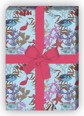 Produktbild von Hellblaues Aquarium Geschenkpapier mit Fischen, Algen und See-Sternen - G12326, 32 x 48cm