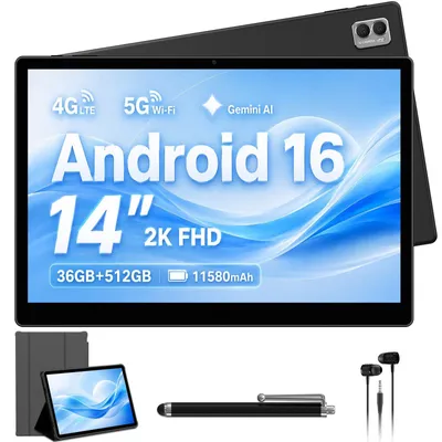 Immagine prodotto di Tablet Android 16, display touch da 14 pollici con risoluzione 2K, 36 GB di RAM, 512 GB di ROM, supporto per scheda TF da 1 TB, connettività 4G LTE e 5G, Wi-Fi, processore Octa-Core, 4 altoparlanti, Gemini AI, fotocamera da 13 MP, batteria da 11580 mAh, supporto GMS e GPS