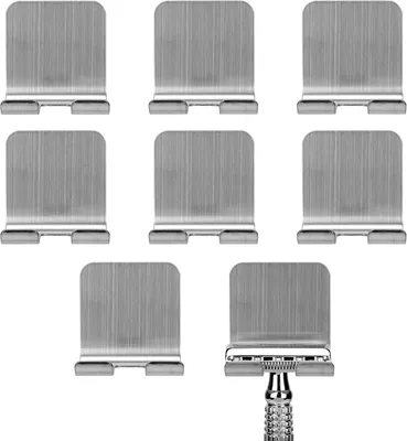 Produktbild von Rasierhalter aus Edelstahl, 8er-Set, Duschhalterung mit Wandhaken (ohne Bohren), Aufbewahrung für Sicherheitsrasierer (Silber)