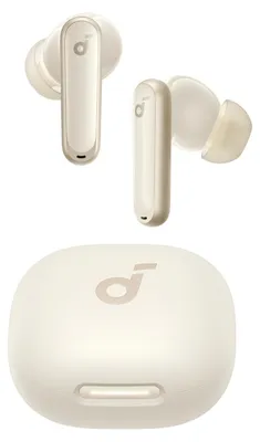 A pair of white and gold wireless earbuds and their charging case are displayed against a white background.