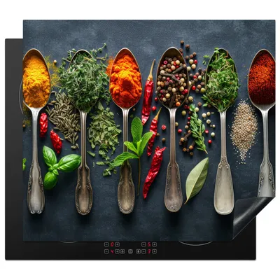 Produktbild von KitchenYeah© Herdabdeckplatte Gewürze - Löffel - Kräuter , 57x51cm, Küche Deko, Glaskeramikkochfeld Herdabdeckung, Abdeckplatte fùr Kochfeld