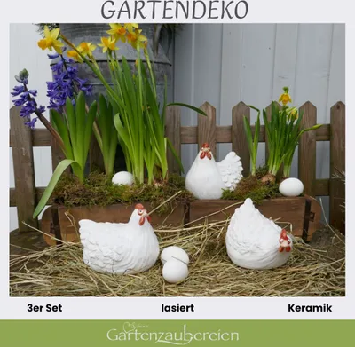 Produktbild von 3 Deko Hühner aus Keramik weiss, edler Landhaus Flair für Innen und Aussenbereich
