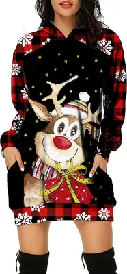 Produktbild von ASKSA Damen Rentier Print Kapuzenpullover Winter Langarm Hoodie Pullover Kleid Pulli Weihnachtskleid, E-Schwarz, M