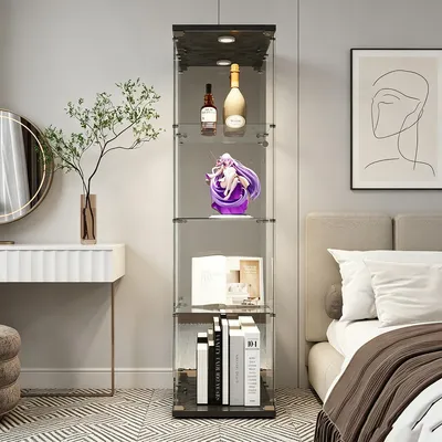 Immagine prodotto di Vetrina espositiva in vetro con illuminazione a LED e ante in vetro, mobiletto vetrina con 4 ripiani in vetro, specchio, colore nero, dimensioni 164x42,5x36,5 cm
